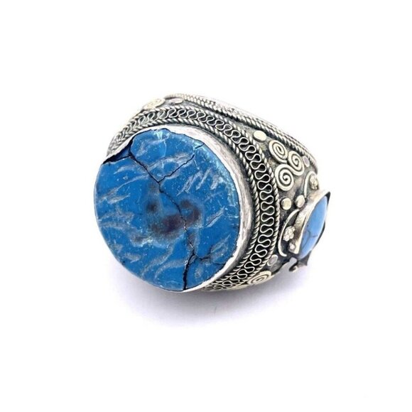 Antique Afghan Lapis Lazuli Carved Oversize Signet Ring 925 Sterling Silver SZ 8